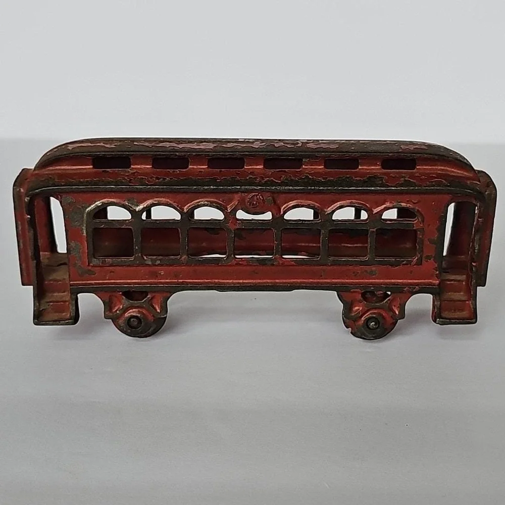 Vintage Cast Iron Red Trolley Car Toy Metal 1829